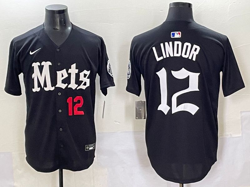 Men 2025 New York Mets #12 Lindor Black Five generations Joint Name Nike MLB Jersey style 6